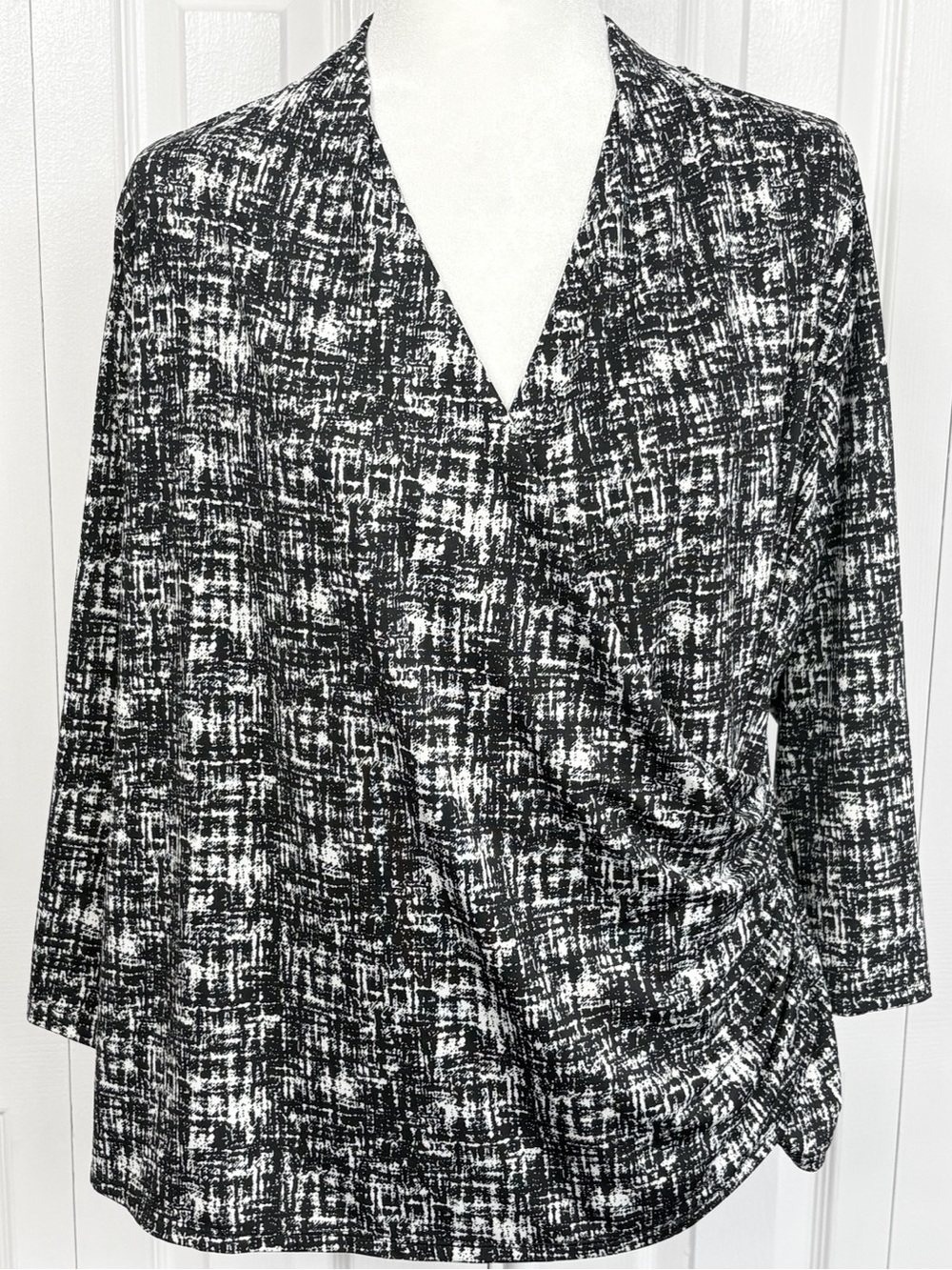 Allison Taylor Black & White Print Stretch Faux Wrap 3/4 Sleeve Blouse 2X